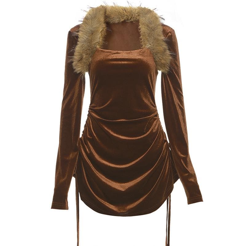 Feather long sleeve velvet ruched drawstring solid mini dress - View 2