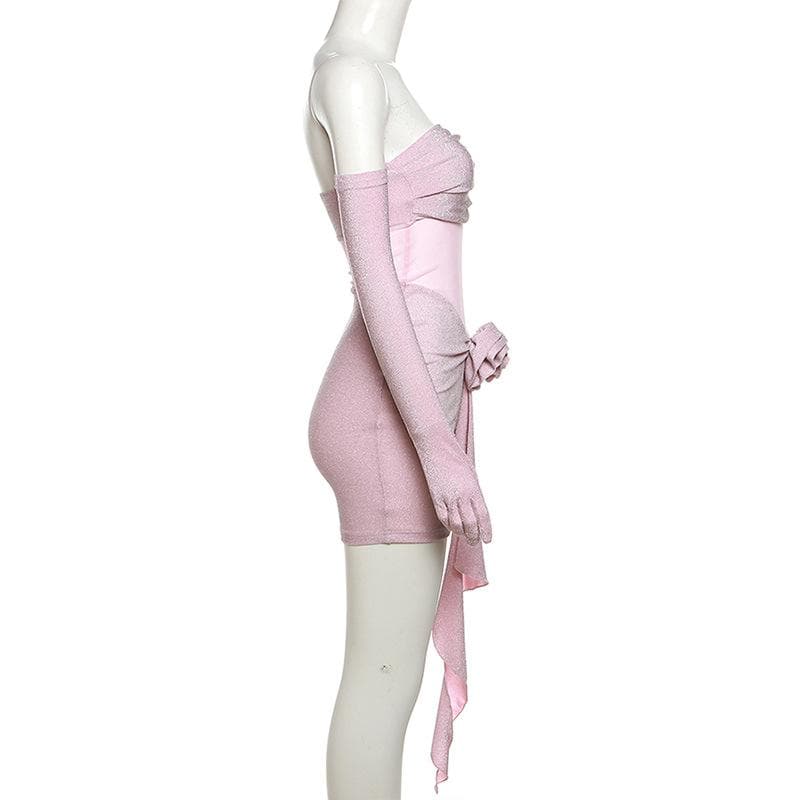 Glitter Strapless Mesh Cut Out Flower Applique Bodycon Mini Dress - View 3