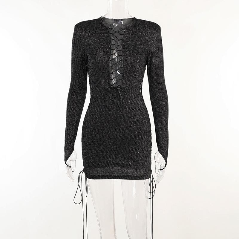 Long sleeve hollow out lace up gloves textured mini dress - Final Sale - View 2
