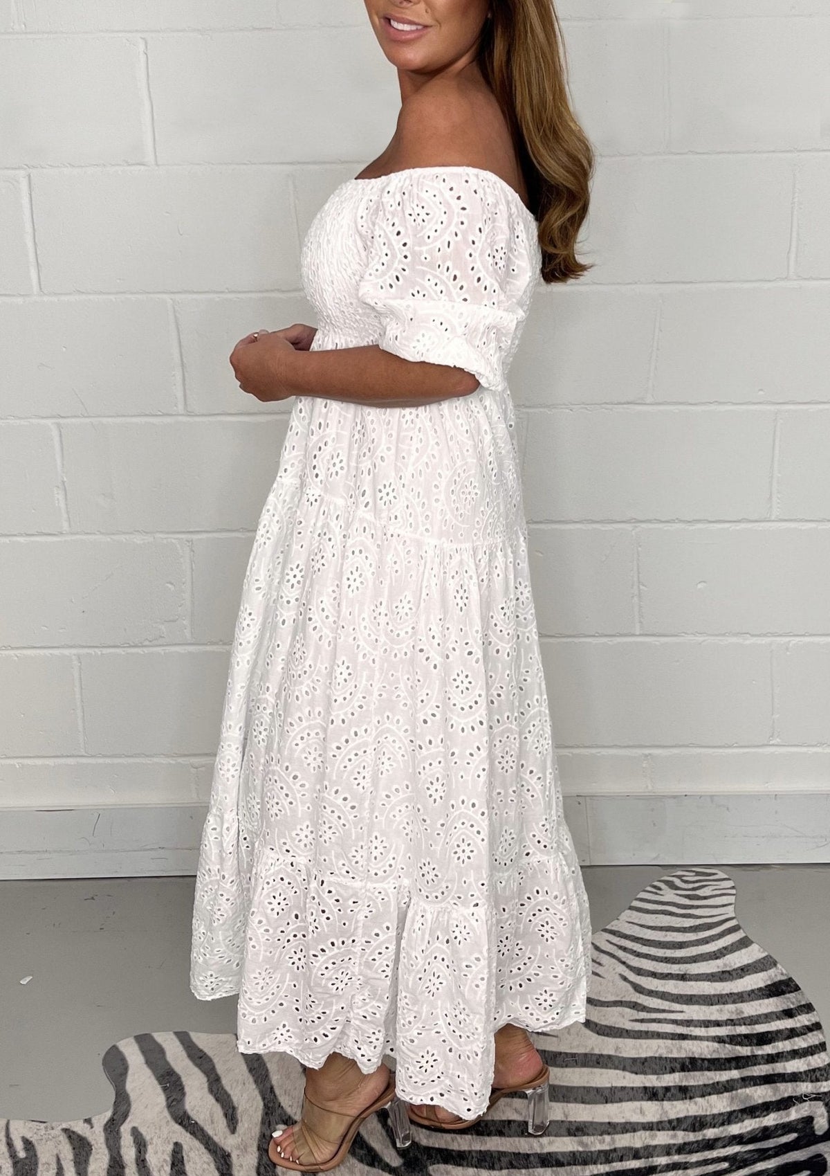 Lace Eyelet Off Shoulder Smocked Puff Sleeve Tiered Midi Dress - View 2