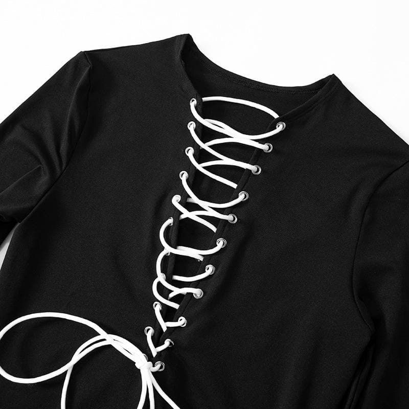 Lace up contrast long sleeve irregular crewneck mini dress - View 4