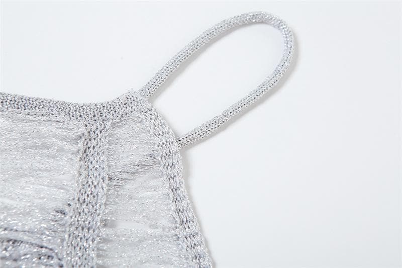 Crochet hollow out solid backless square neck cami mini dress - View 5
