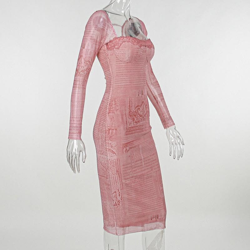 Mesh contrast print lace hem self tie long sleeve midi dress - View 3