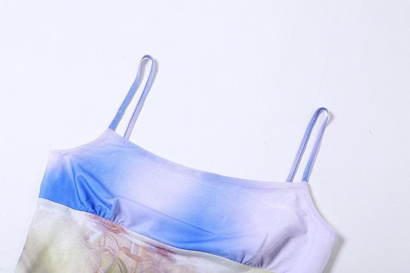 Mesh contrast abstract print backless cami dress - View 5