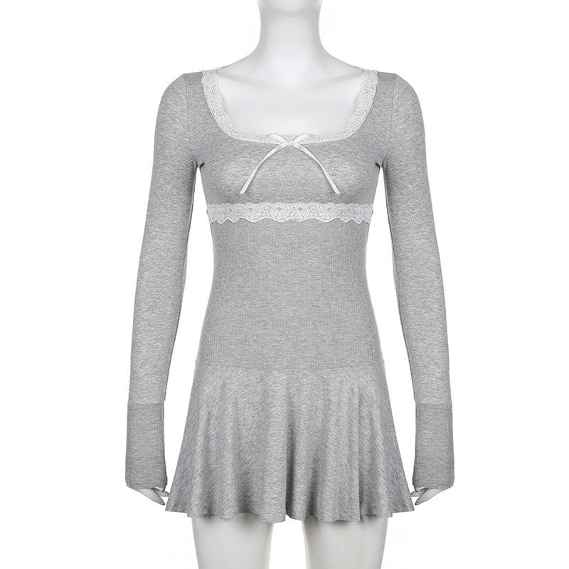 Lace hem square neck contrast long sleeve ruffle mini dress - View 4