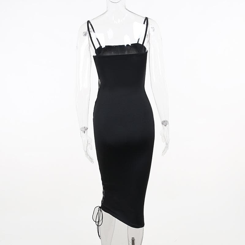 Lace up solid irregular backless square neck midi dress - View 3
