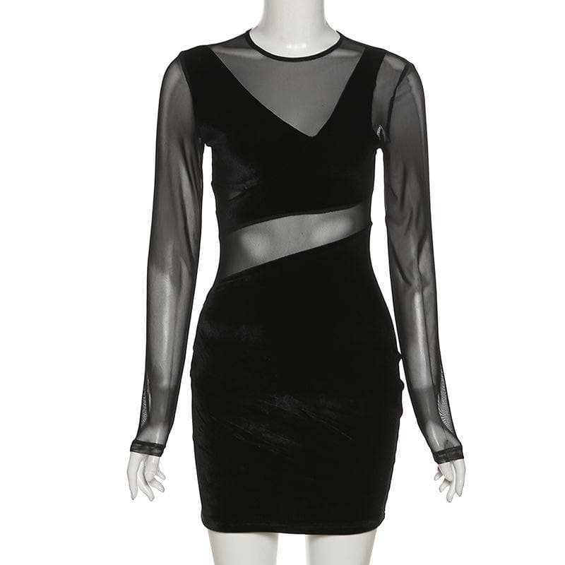 Mesh velvet solid low cut irregular long sleeve mini dress - View 2