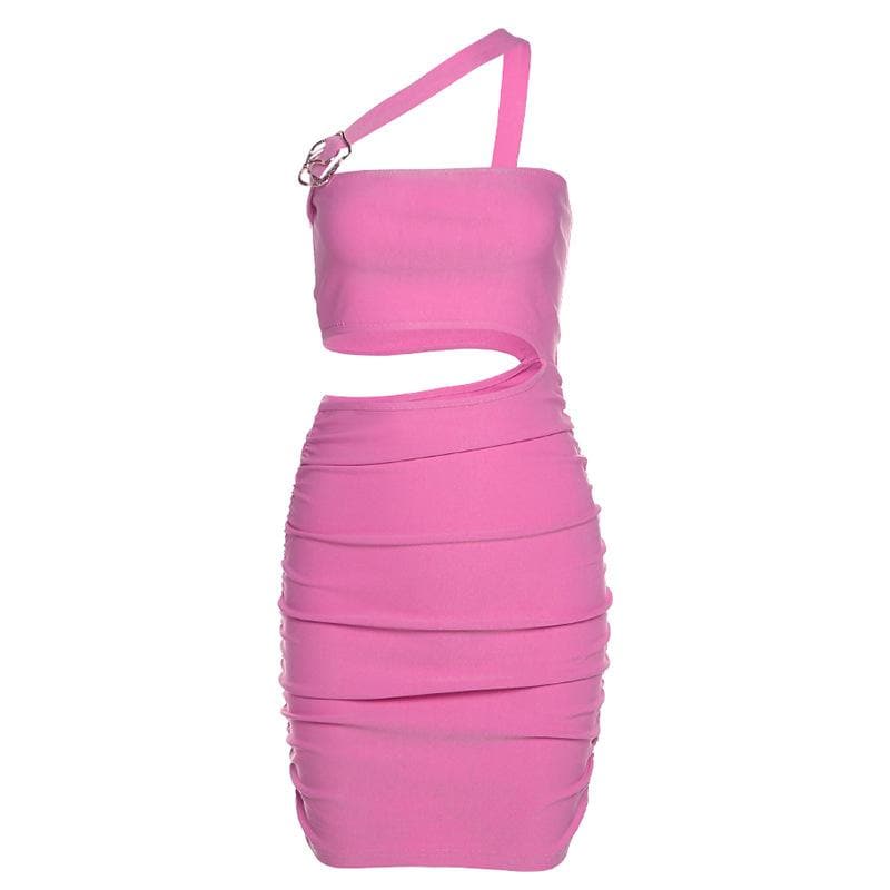 Solid hollow out one shoulder ruched metal applique mini dress - View 2
