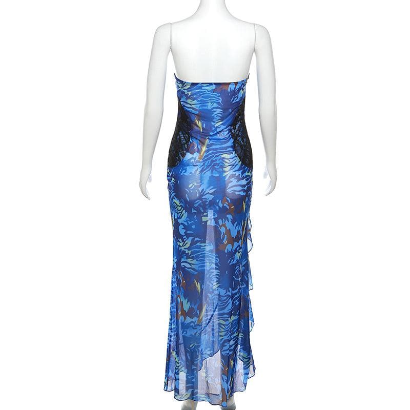 Mesh see through hollow out o ring contrast print ruffle maxi dress - View 4