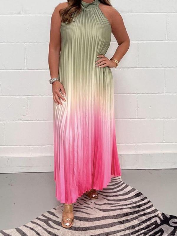 Halter Neck Accordion Pleated Ombre Maxi Dress - View 3