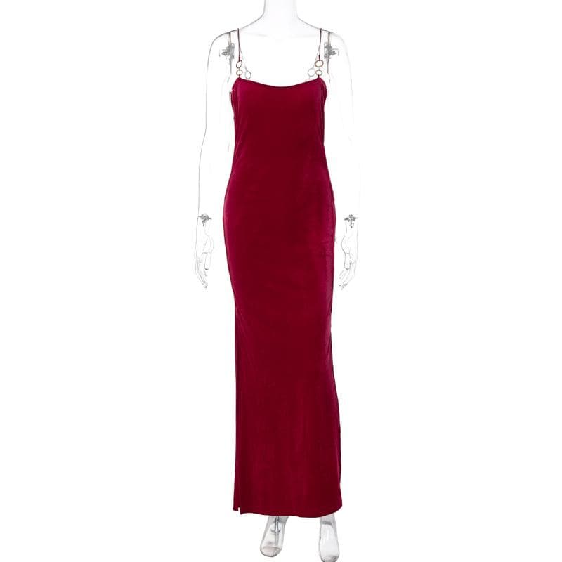 Velvet solid o ring hollow out slit backless maxi dress - View 2
