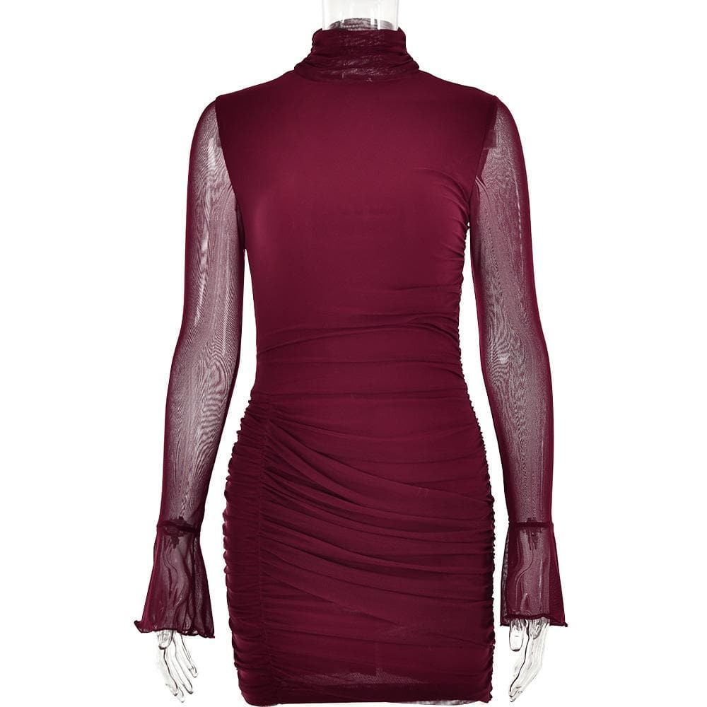 Mesh solid long sleeve turtle neck ruched zip-up mini dress - View 4