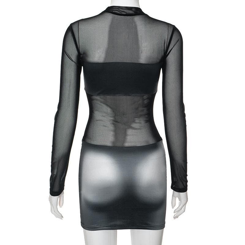 Body print mesh patchwork long sleeve contrast mini dress - View 4