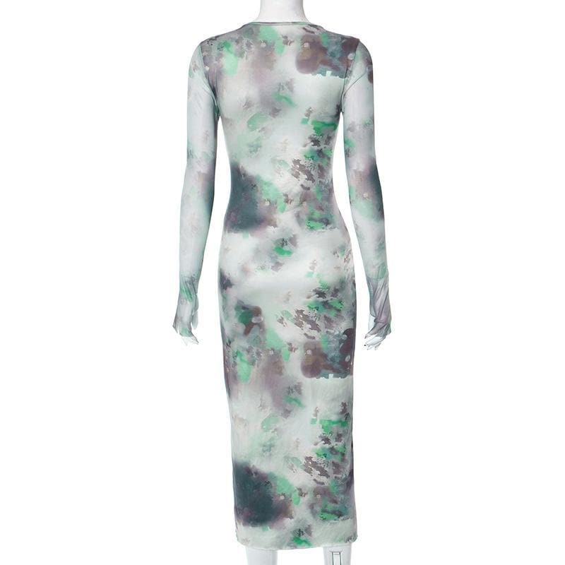 Long sleeve crewneck tie dye mesh gloves contrast midi dress - View 4