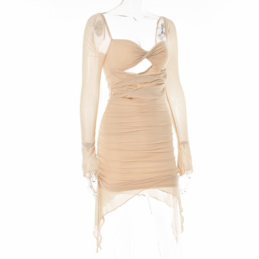 Long sleeve solid hollow out slit mesh ruched zip-up mini dress - View 5
