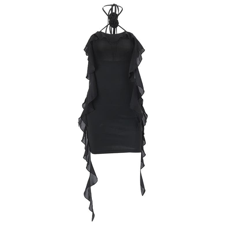 Halter Neck Flower Applique Ruffle Bodycon Mini Dress - View 2