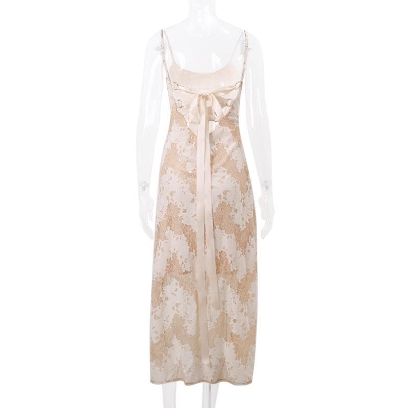 Lace u neck zip-up backless self tie cami midi dress - View 5