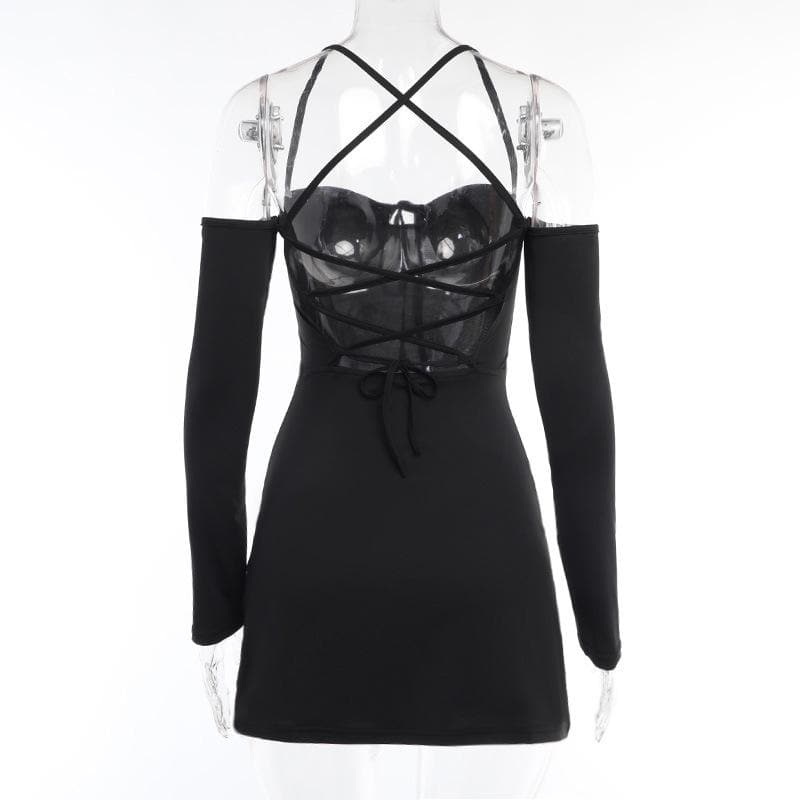 Lace up solid cross back off shoulder long sleeve mini dress - View 5