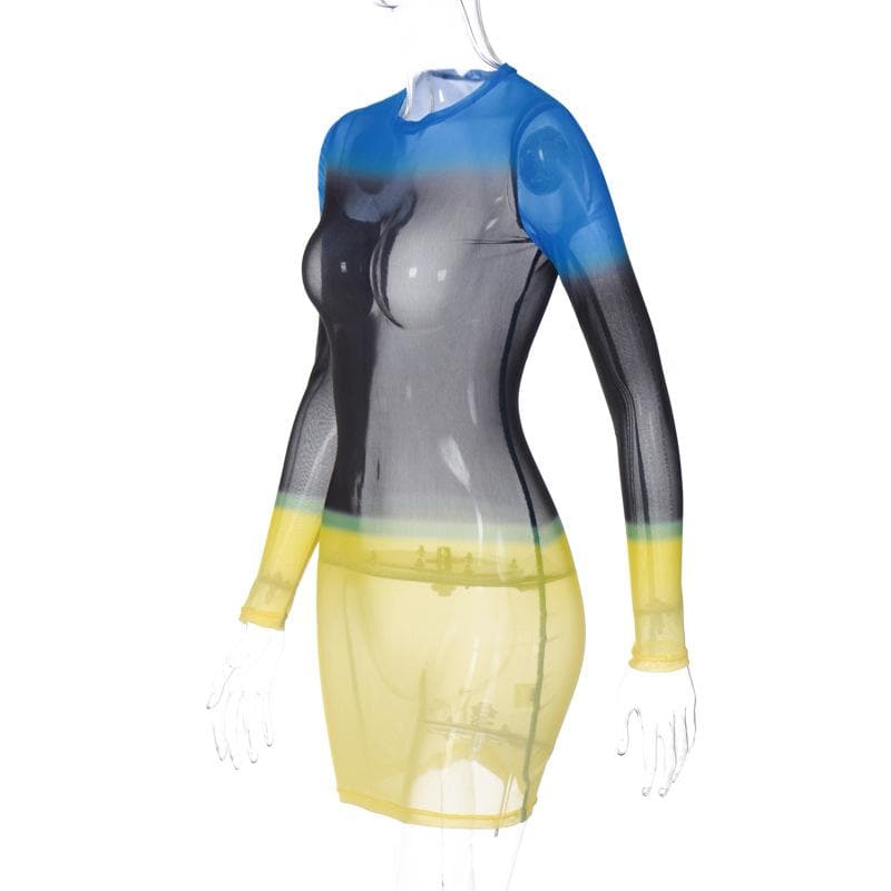Contrast sheer mesh see through long sleeve crewneck mini dress - View 4