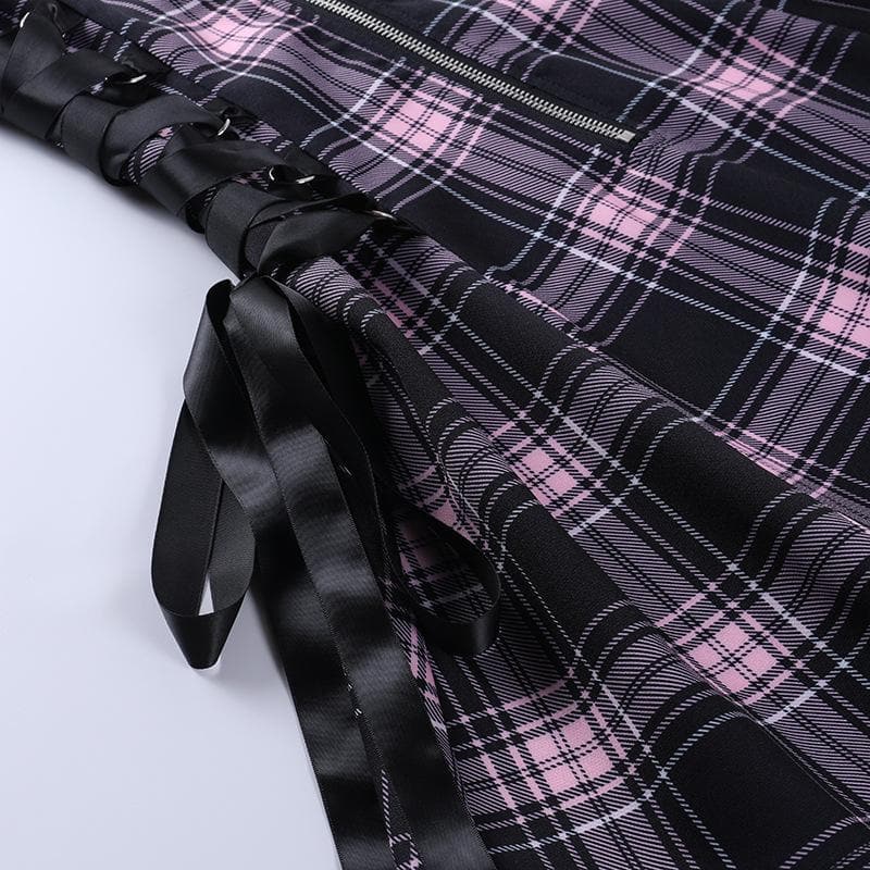 Plaid zip-up contrast sleeveless lace up backless mini dress - View 9