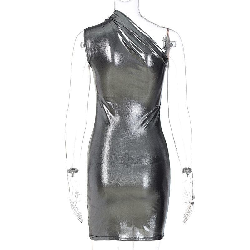 Metallic one shoulder ruched sleeveless irregular mini dress - View 5