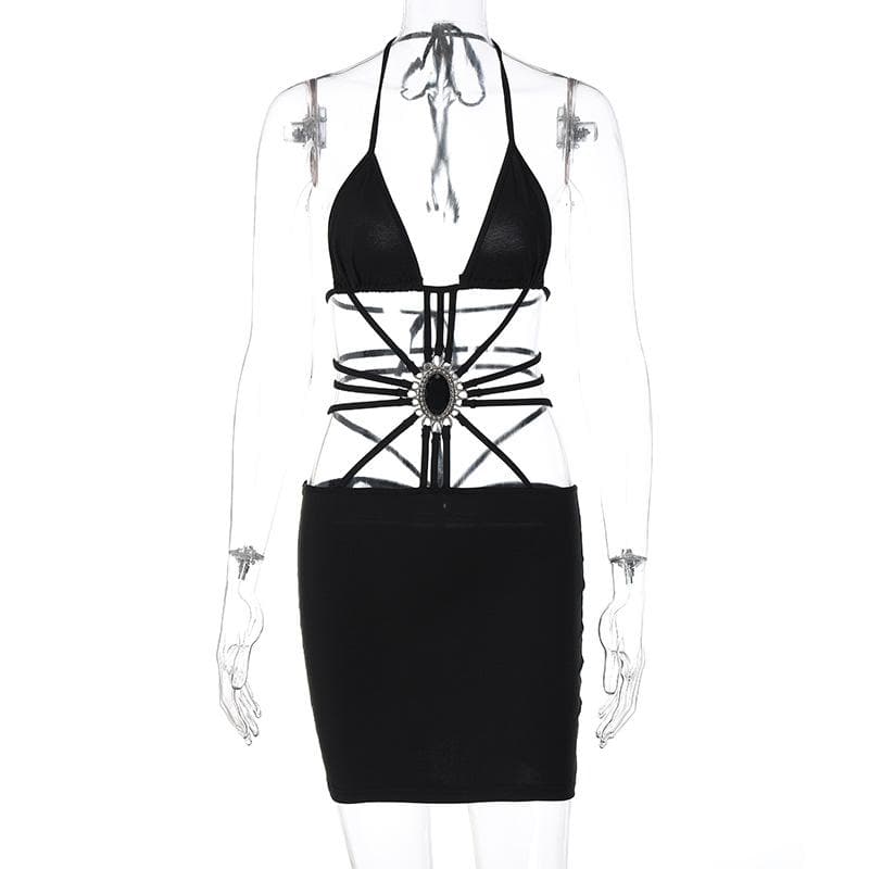 Halter Neck Strappy Cut Out Stone Applique Bodycon Mini Dress - View 8