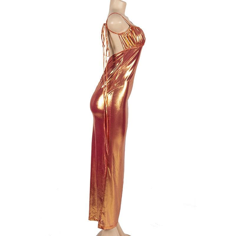 Metallic ruched backless self tie square neck maxi dress - View 4