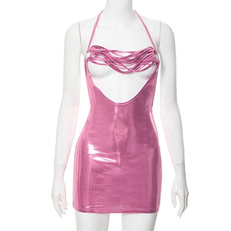 Metallic Halter Neck Backless O Ring Strappy Bodycon Mini Dress - View 3