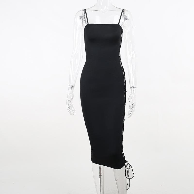 Lace up solid irregular backless square neck midi dress - View 2