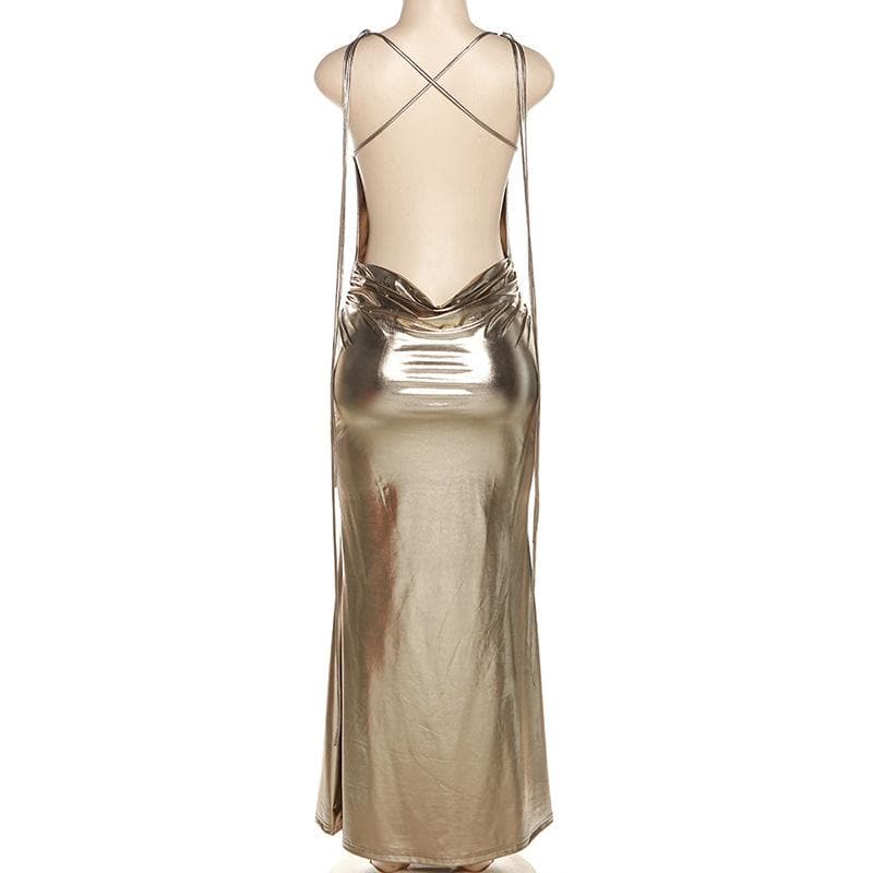 Metallic cowl neck cross back self tie ruched maxi dress - View 3