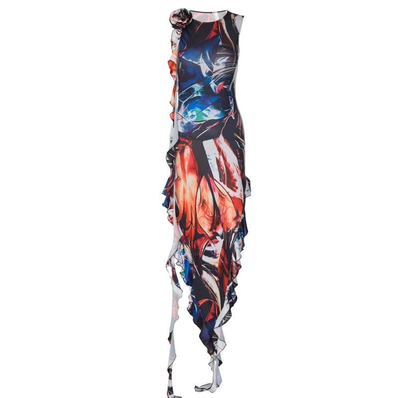 Abstract Print 3D Flower Applique Side Ruffle Sleeveless Maxi Dress - View 9