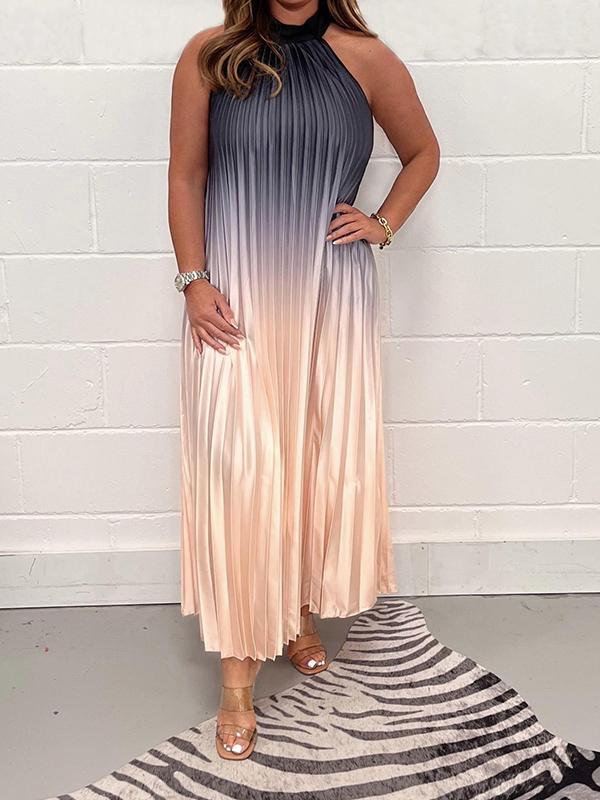 Halter Neck Accordion Pleated Ombre Maxi Dress - View 4