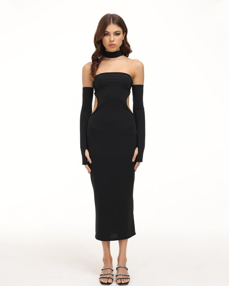 Strapless Cut Out Bodycon Midi Dress with Scarf and Gloves 2