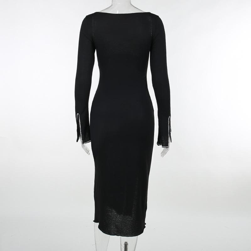 Beaded square neck slit long sleeve midi dress - View 4