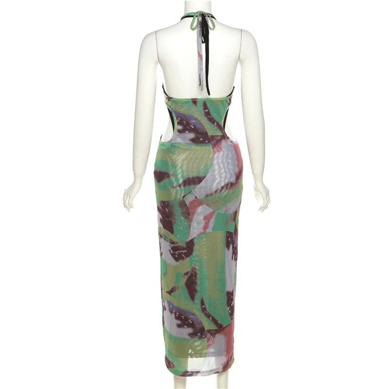 Halter self tie contrast print sheer mesh backless maxi dress - View 4