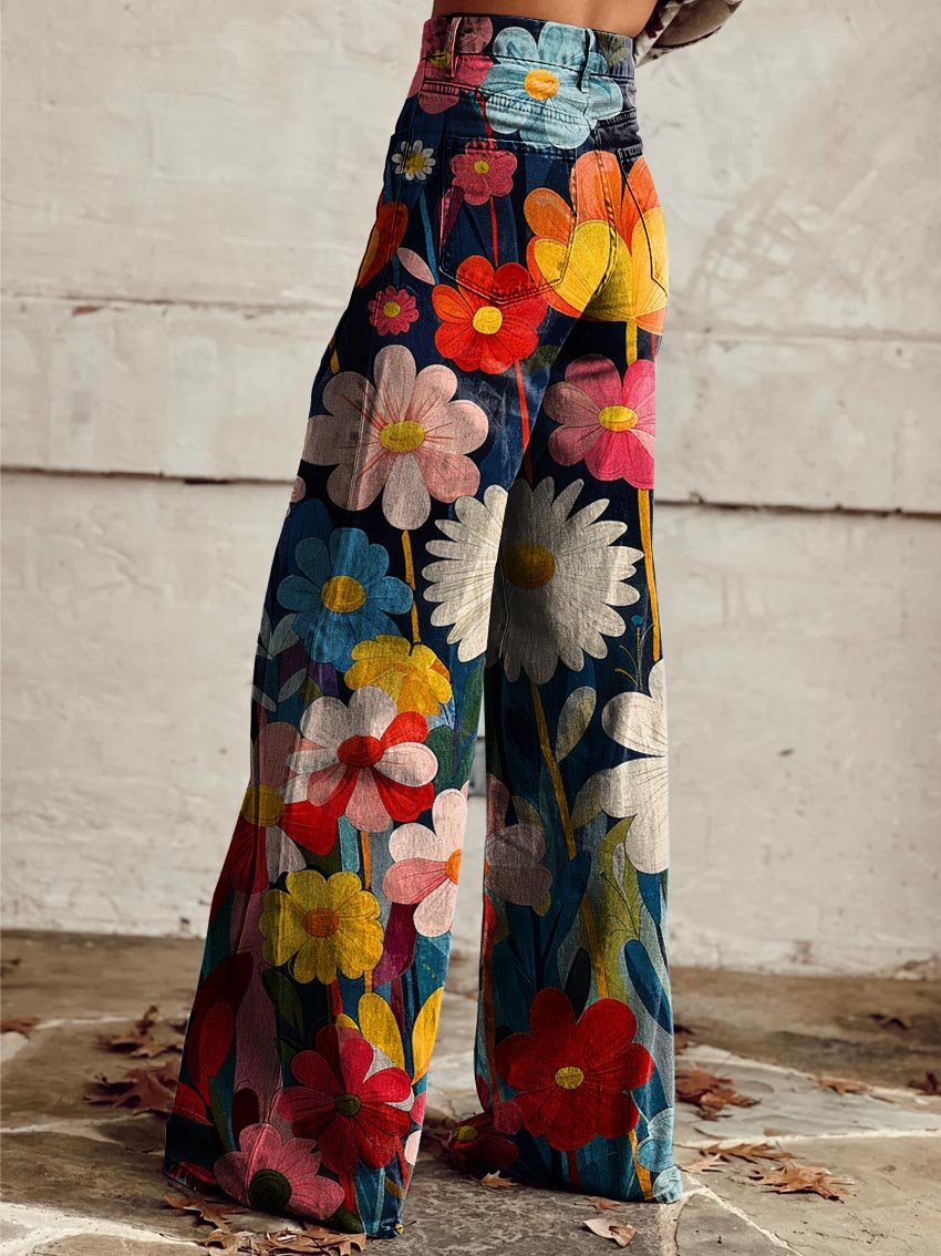 Floral Print High Waist Wide Leg Denim Look Pants 2