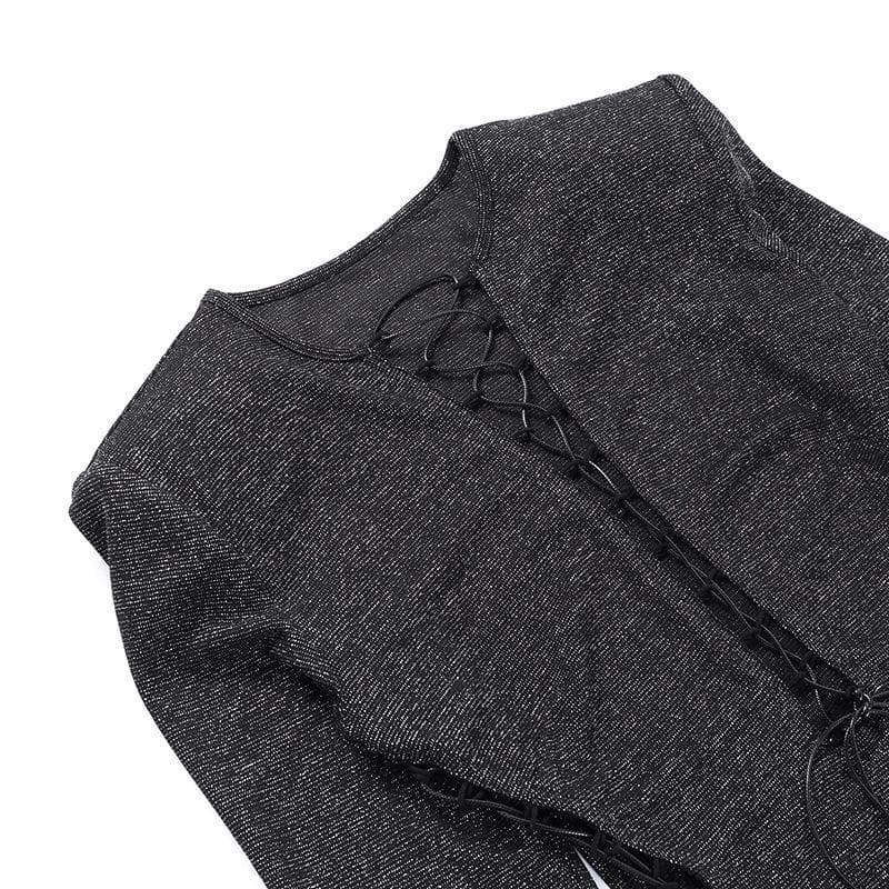 Long sleeve hollow out lace up gloves textured mini dress - Final Sale - View 4