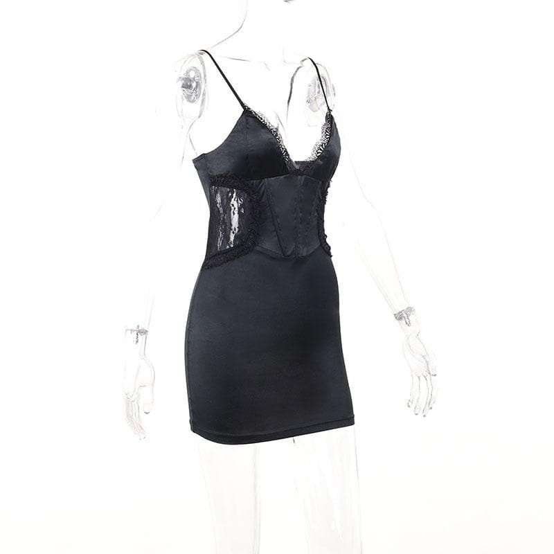 Satin V-Neck Lace Trim Corset Bodycon Mini Dress - View 8