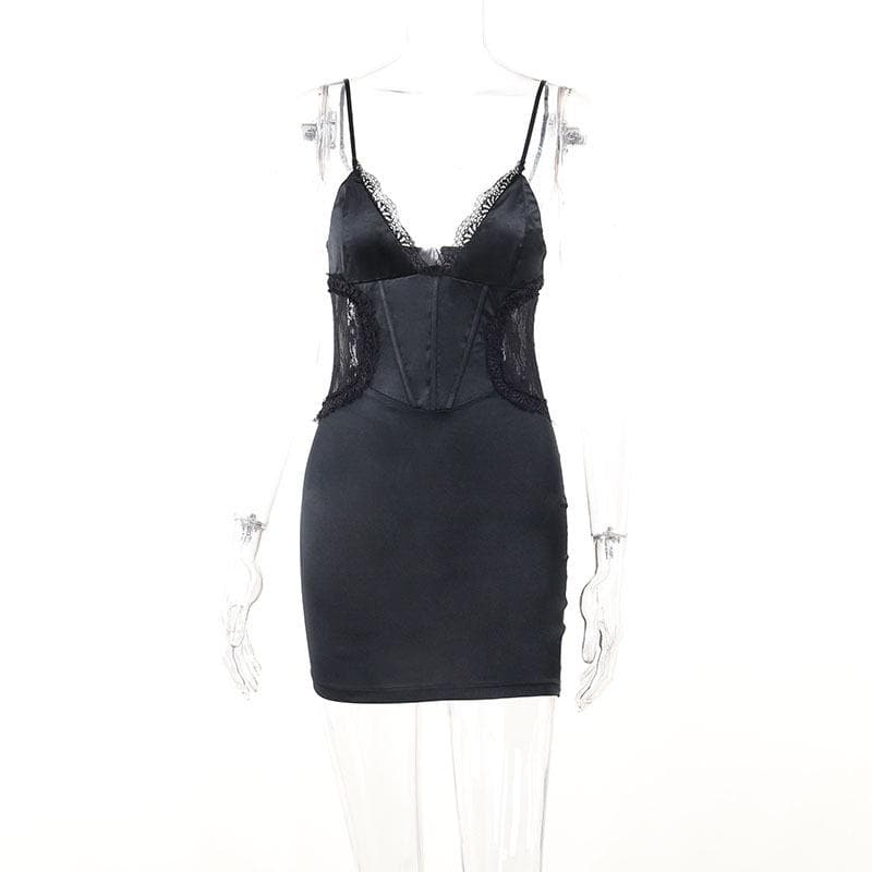Satin V-Neck Lace Trim Corset Bodycon Mini Dress - View 2