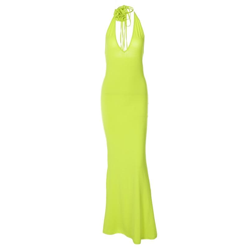 Deep V-Neck Halter Backless Rosette Bodycon Maxi Dress - View 3