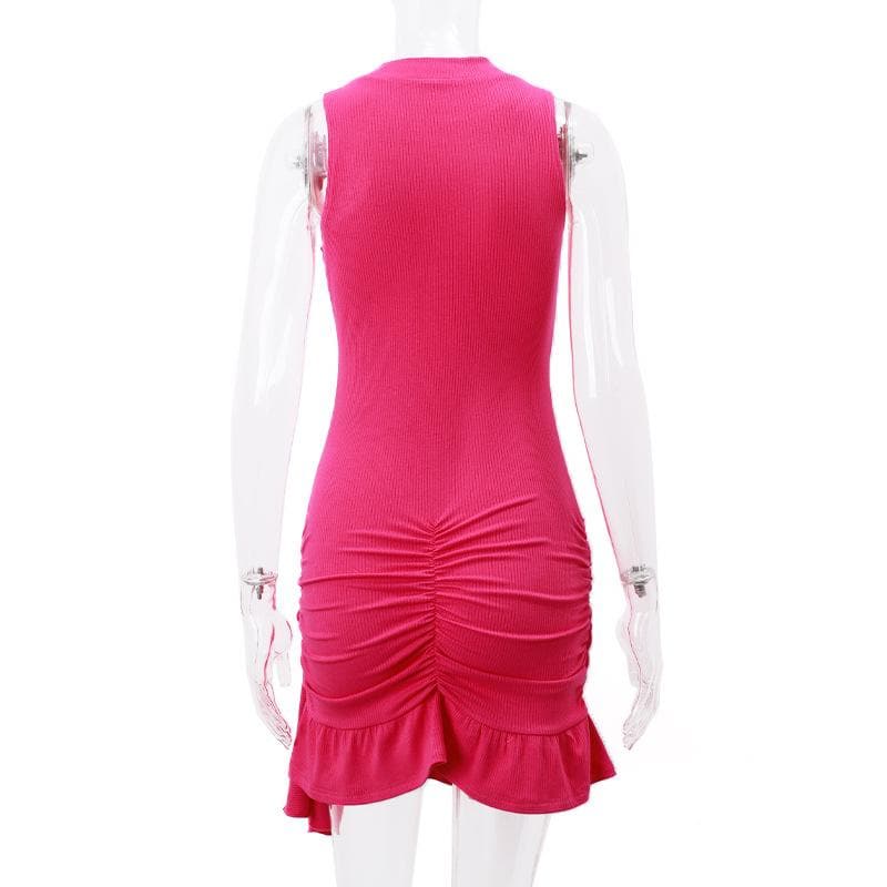 Ribbed Knit Sleeveless Flower Applique Ruffle Asymmetric Mini Dress - View 4