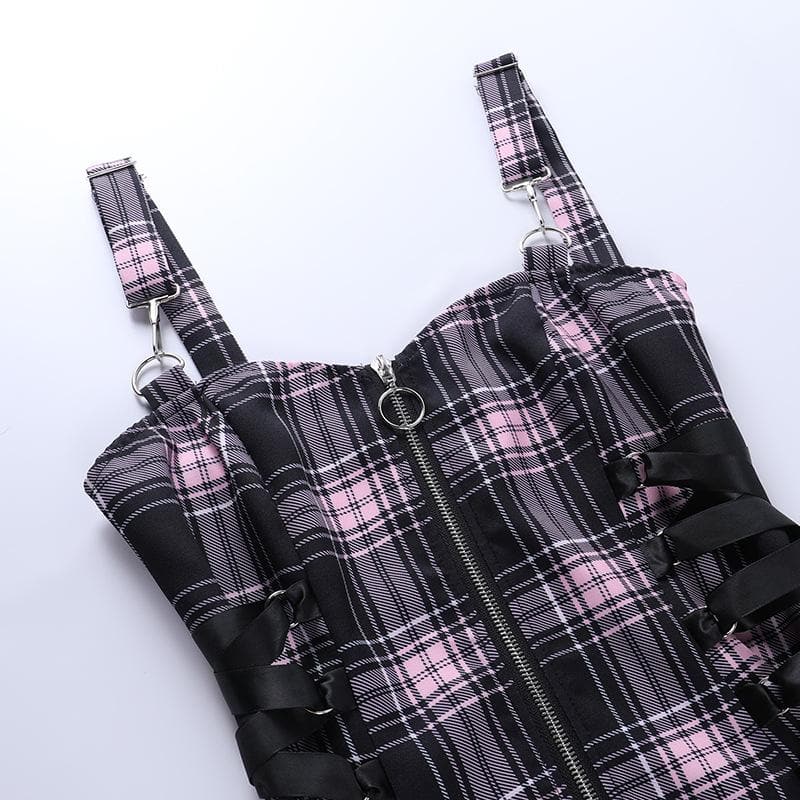 Plaid zip-up contrast sleeveless lace up backless mini dress - View 7