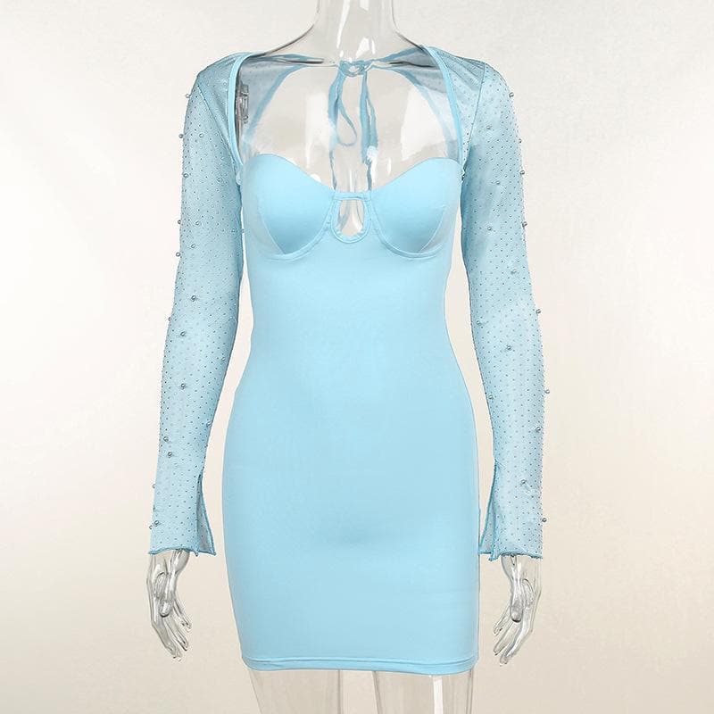 Long sleeve solid hollow out slit ruched beaded self mini dress - View 4