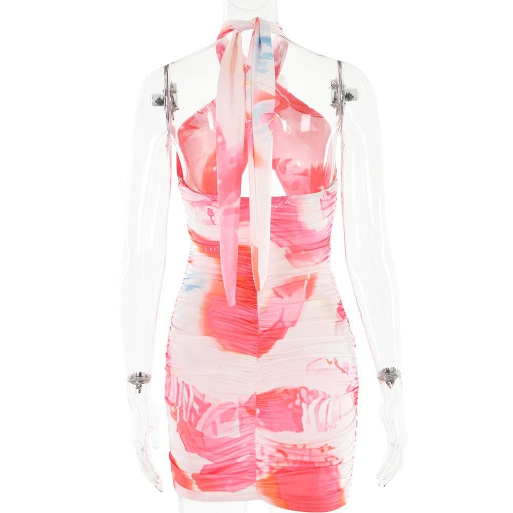 Tie Dye Halter Neck 3D Flower Cut Out Bodycon Mini Dress - View 4