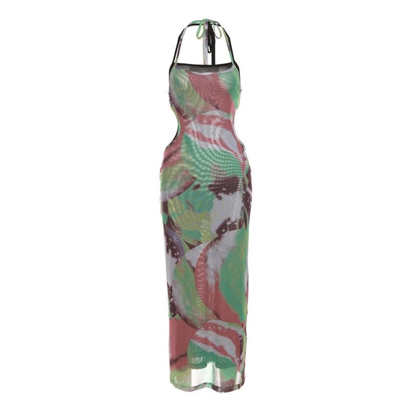 Halter self tie contrast print sheer mesh backless maxi dress - View 8