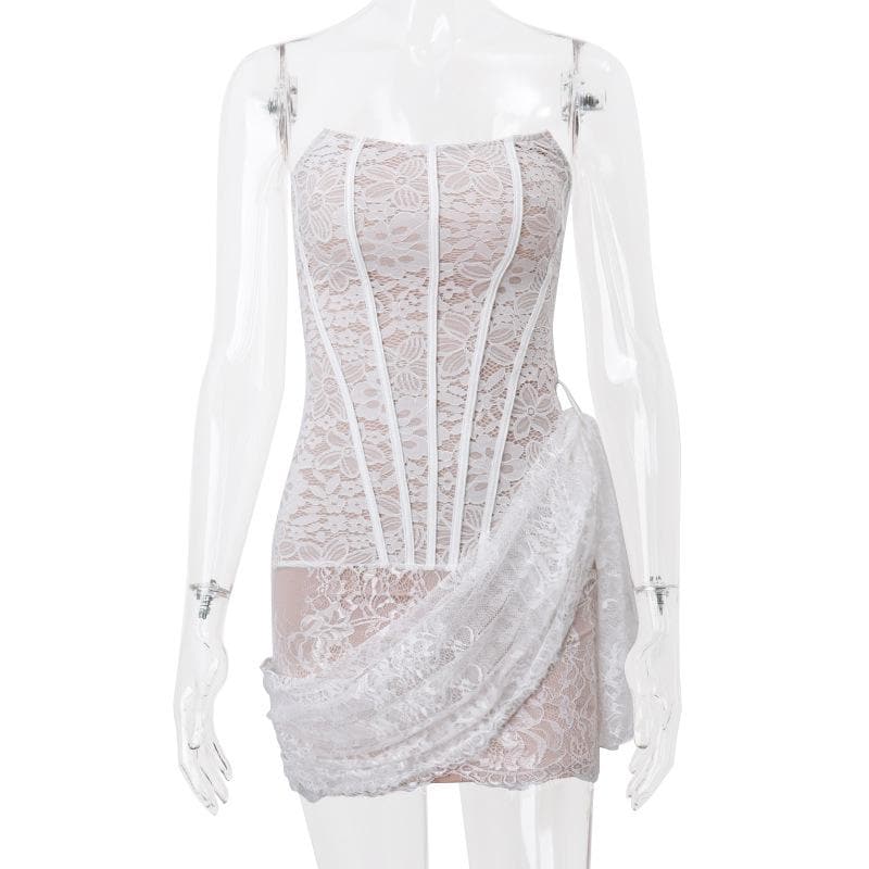 Irregular ruched backless lace up bustier tube mini dress - View 5