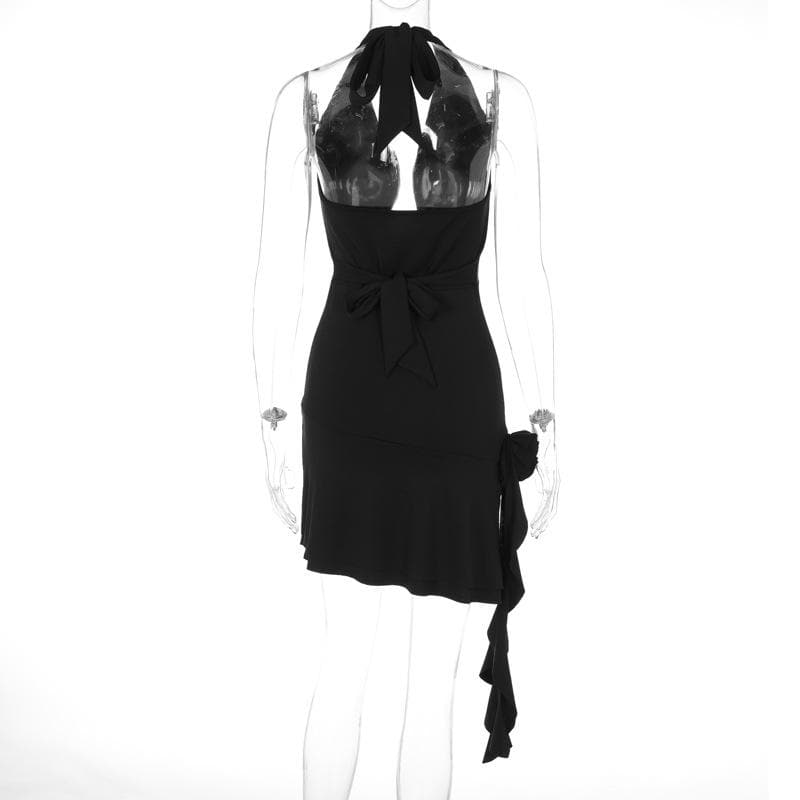 Halter Deep Cowl Neck Backless Ruffle Mini Dress - View 9