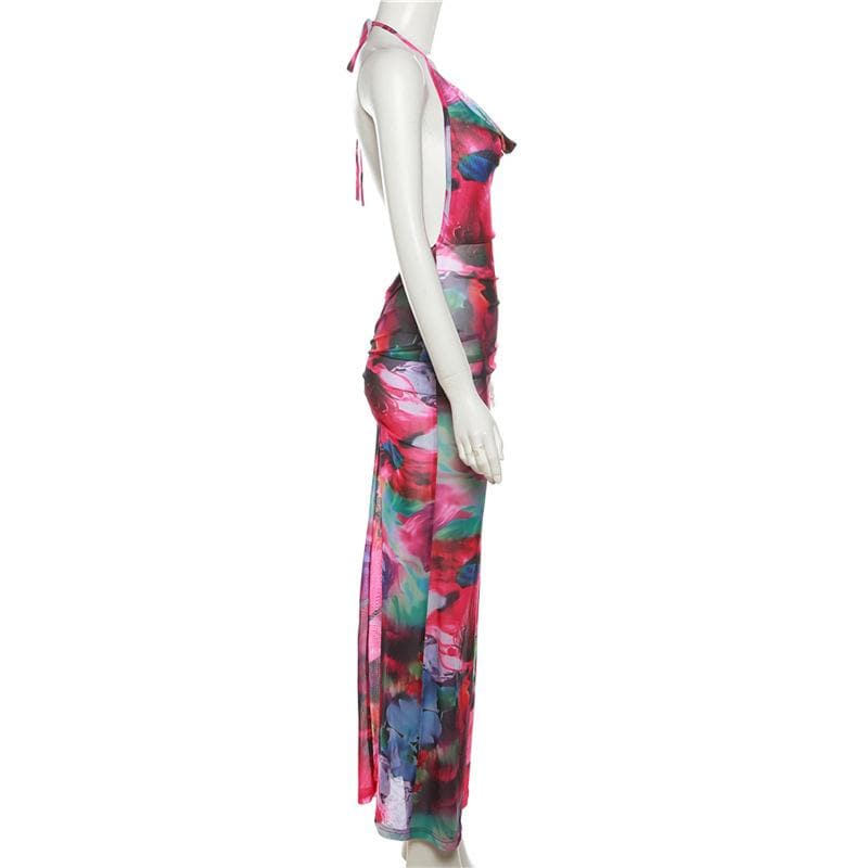 Ruched halter sheer mesh see through backless maxi dress - View 3