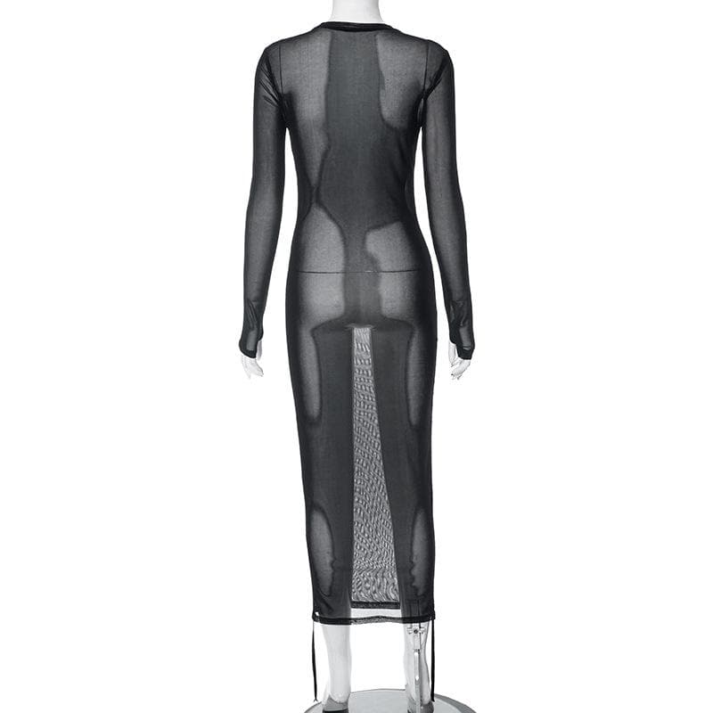 Crewneck long sleeve drawstring sheer mesh see through midi dress - View 5