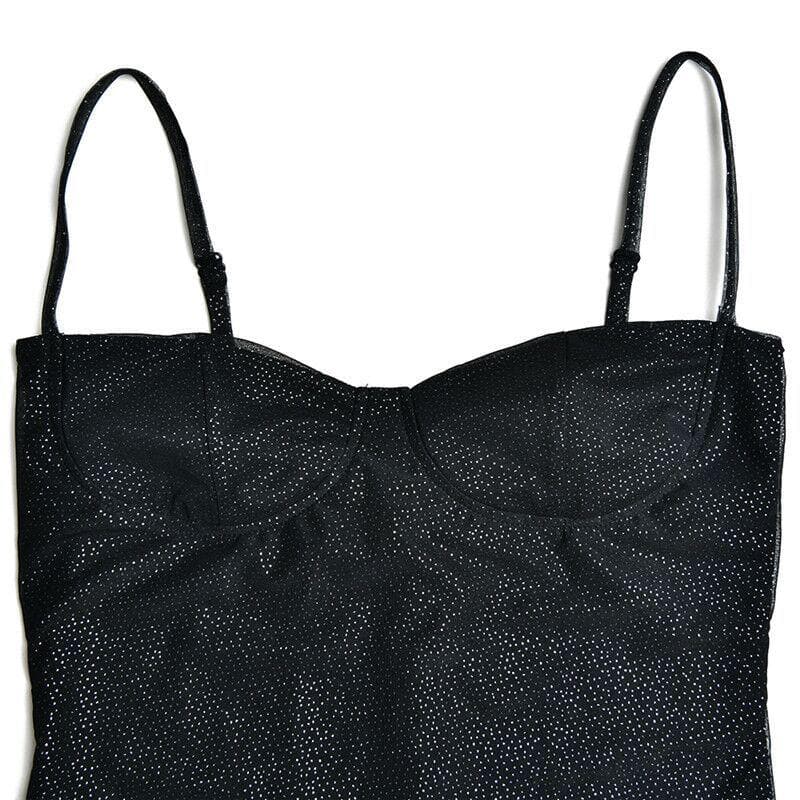 Textured mesh gloves sweetheart neck zip-up slit cami mini dress - View 7